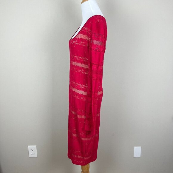 Bcbg Max Azria Dress Medium Lace Illusion Sheath Tanya Sangria Red Bodycon LS - Picture 7 of 12